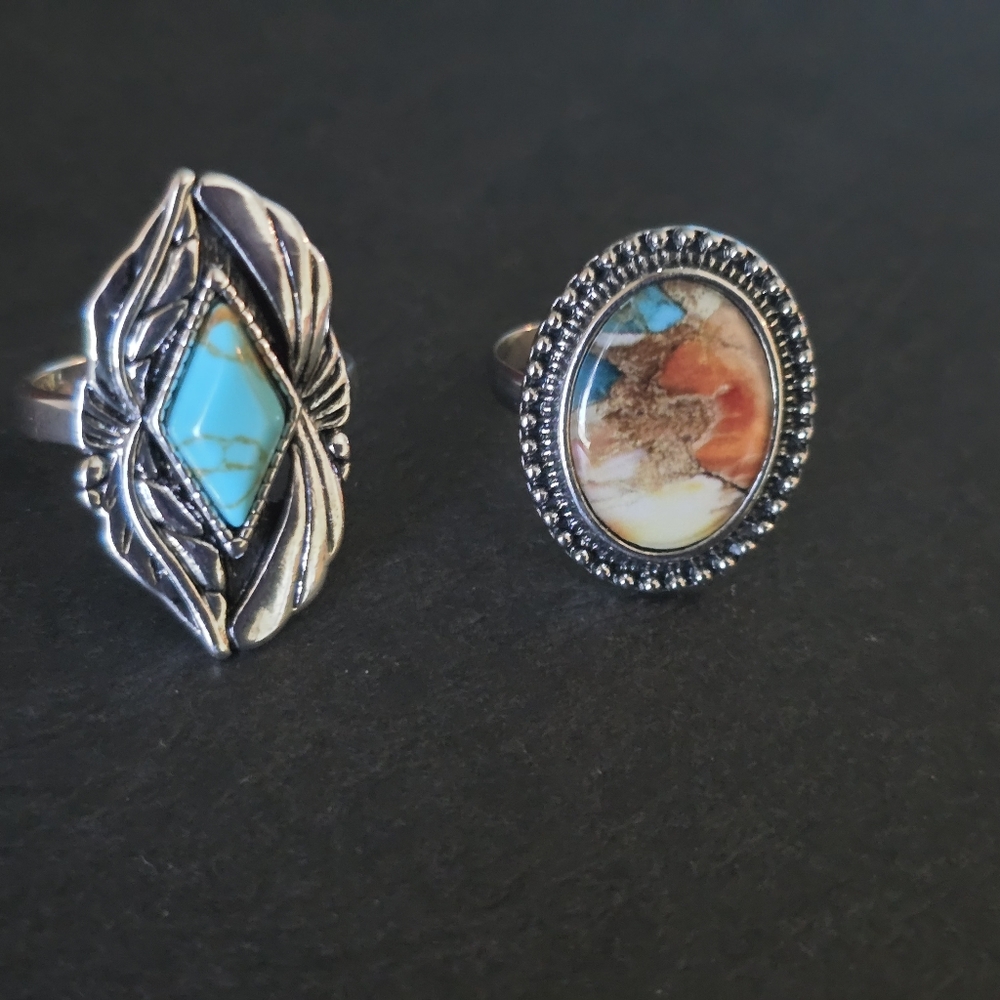 Silver Tone Boho Rings Turquoise Color and Multicolor fashion Jewelry